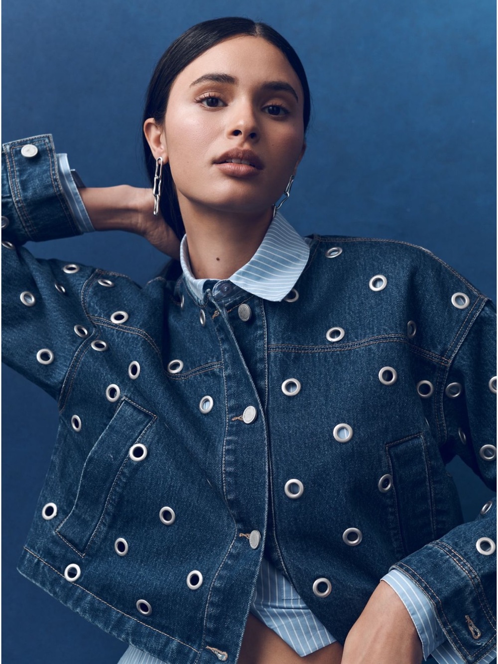 BLANKNYC Dark Blue Eyelet-Embellished Denim Jacket